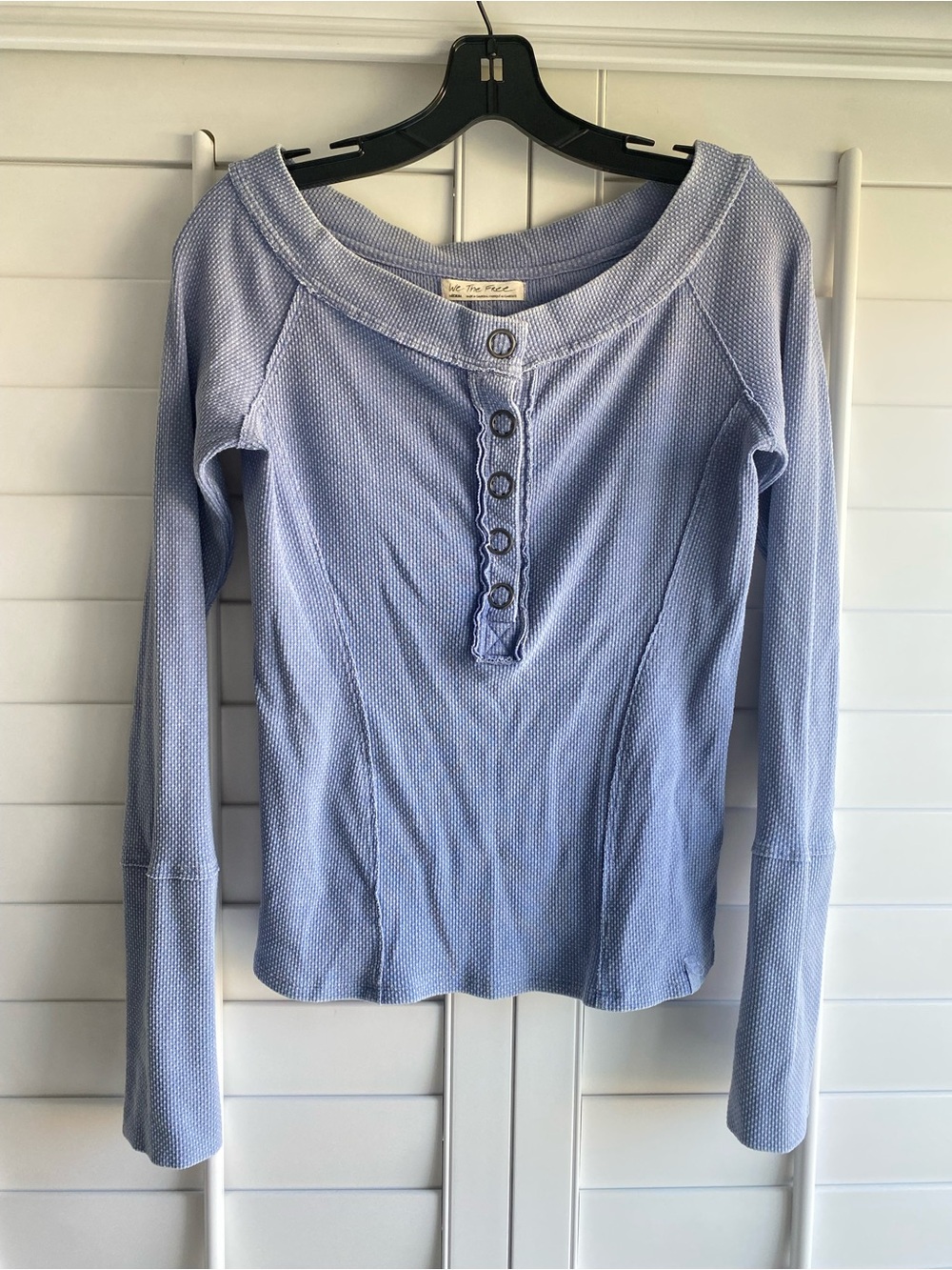 Free People We The Free Waffle Knit Henley Top Medium Blue Long Sleeve Thermal